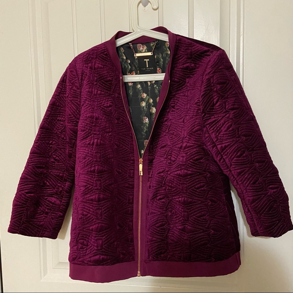 Ted Baker Bartel Quilted Velvet Bomber Jacket size 4
